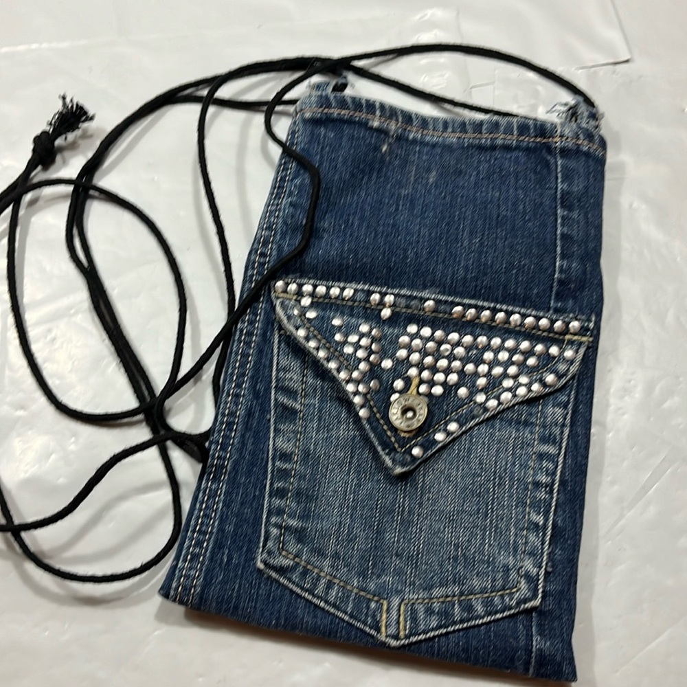 BLUE DENIM crossbody PURSE studded flap button pocket festival bag 10”x6.5” bag